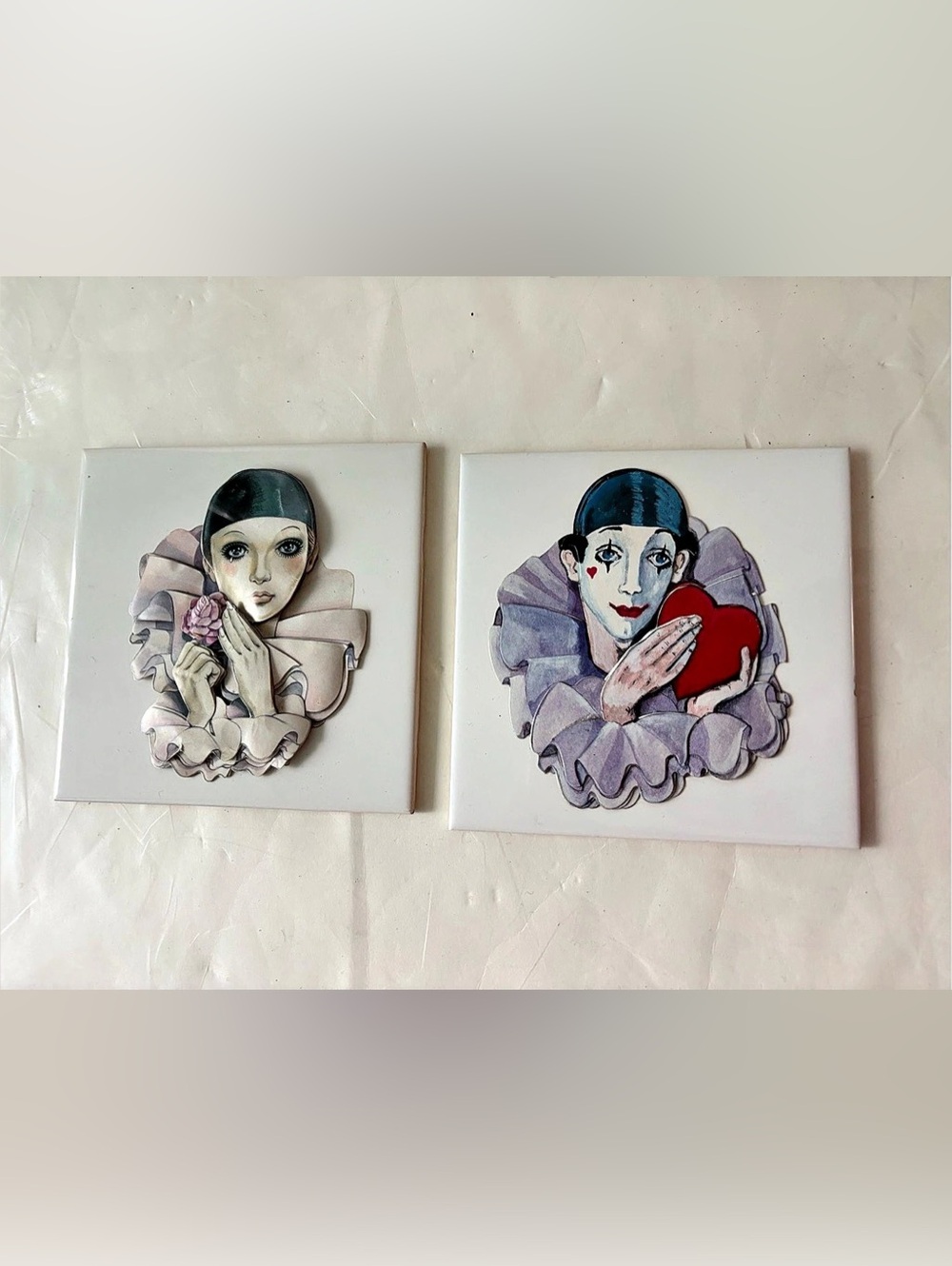 Two-Piece vintage 80s mimes Decorative Mixed-Media Art Set 6 inches wide